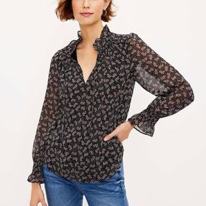 Loft Vine Smocked Ruffle Tie Neck Blouse